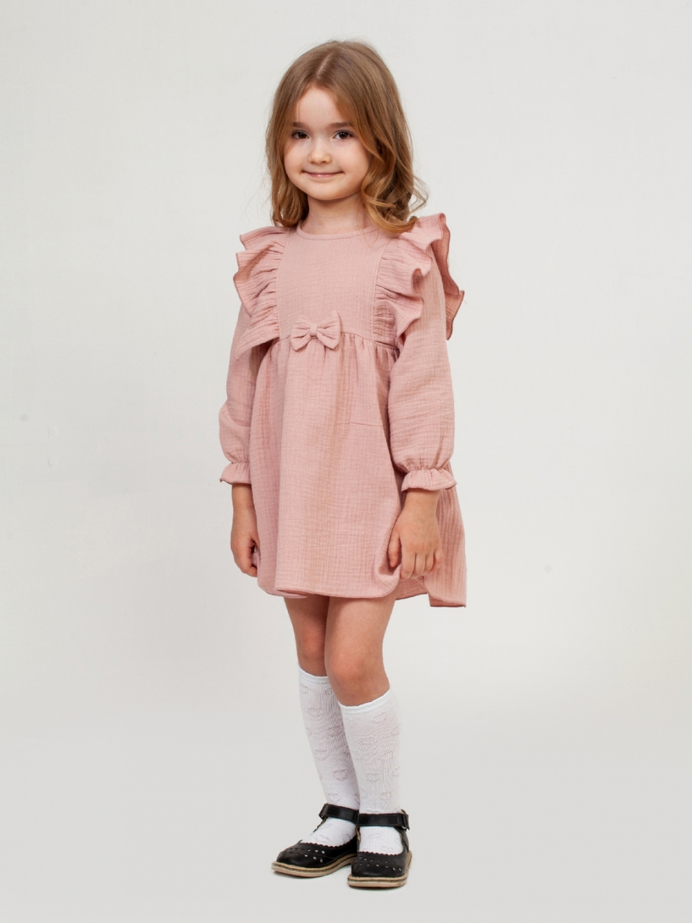 321-ПУ Платье из муслина детское, хлопок 100% пудра, р. 74,80,86,92
