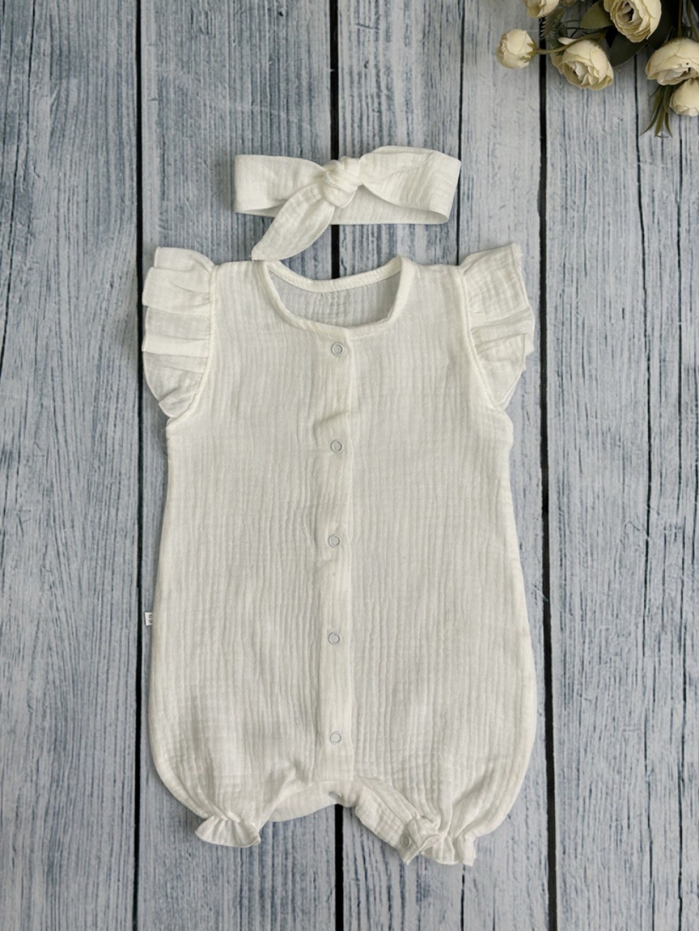 341-МО. Песочник с повязкой для девочки из муслина, хлопок 100%, р 62,68,74,80 молочный